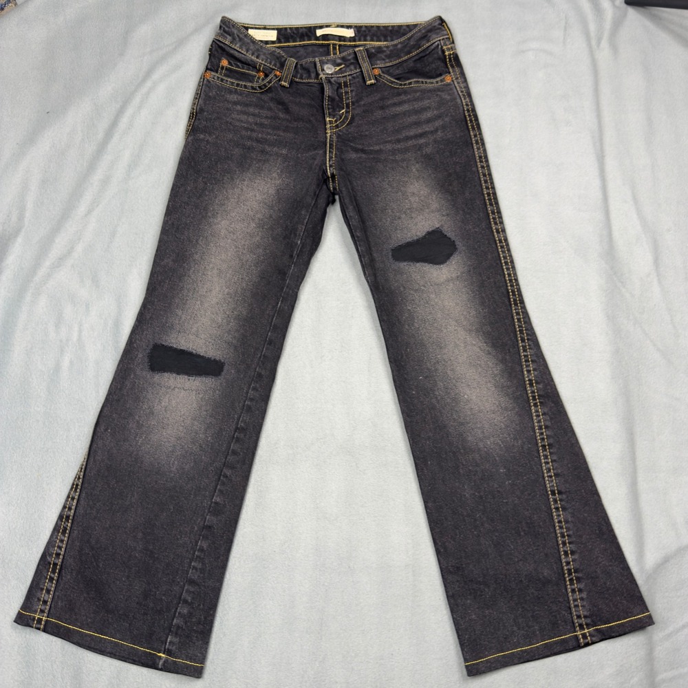 Levis Premium Noughties Bootcut Jeans Womens 28 Faded Black Distressed Low‎ Rise